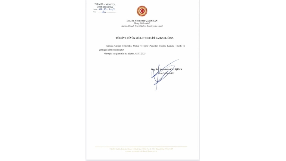 YENİ YOL Grup tarafından "Mühendis, Mimar ve Şehir Plancıları Meslek Kanunu" TBMM'ye teklif olarak sunulmuştur